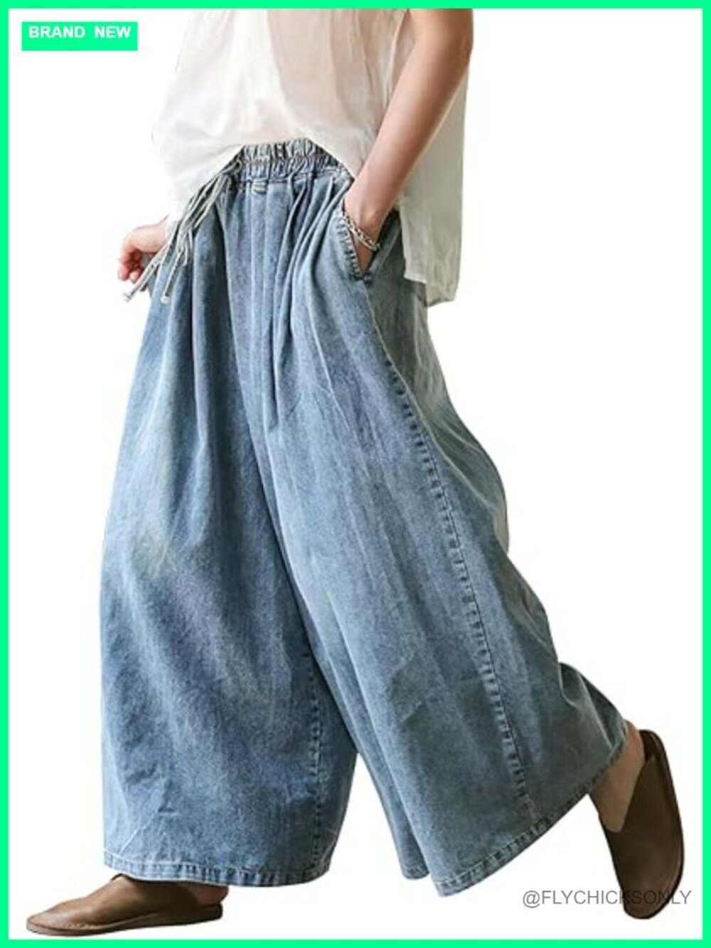 Women's Wide Leg Baggy Jeans Plus Size Elastic Waist Denim Pants Deep Pockets